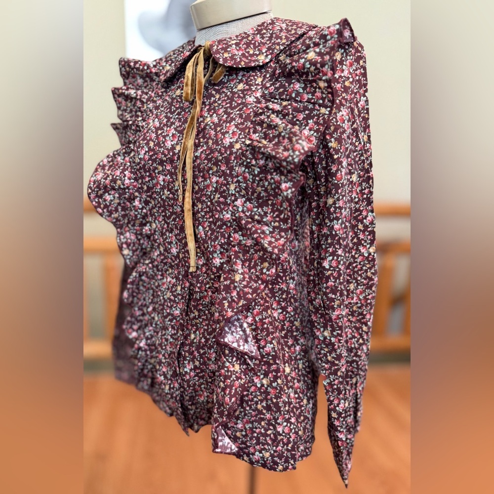 KidiChic Floral Ruffle Blouse – Burgundy Vintage-Inspired - Picture 3 of 9